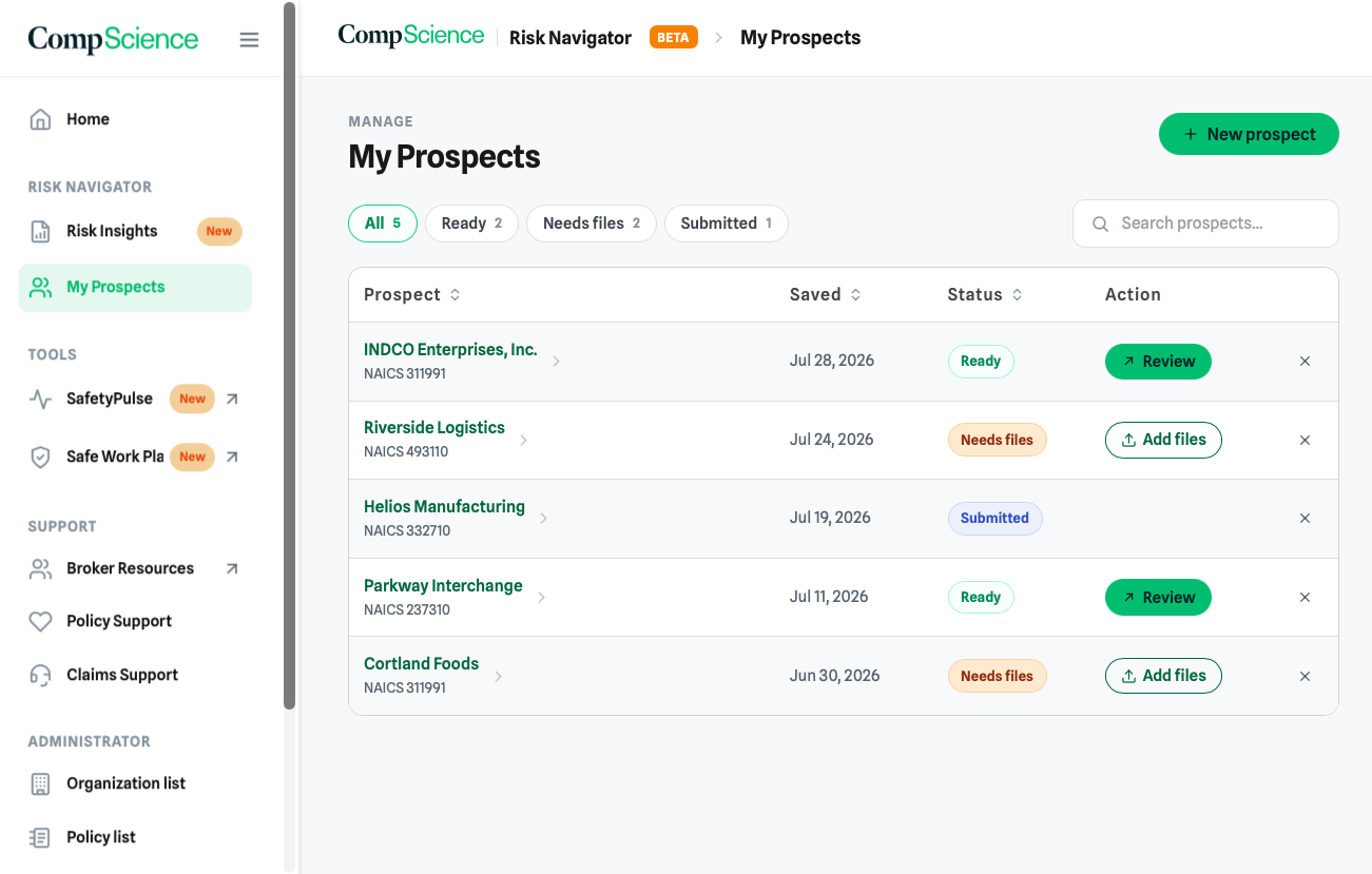 My Prospects list with ready, needs files, and submitted states