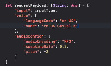 The synthesis request: voice en-US-Casual-K, speaking rate 0.9, pitch minus 3
