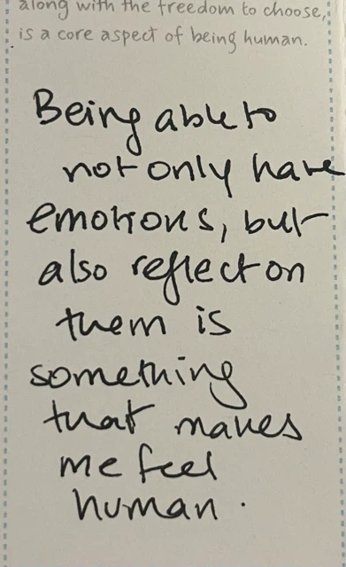 Handwritten diary entry: Having emotions, and reflecting on them